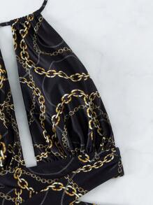 Summer Chain Print Cut Out Halter Neck Backless Knot Chain Print One Piece Swimsuit - Black - View 5