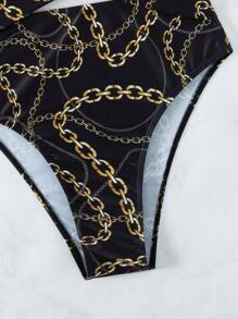 Summer Chain Print Cut Out Halter Neck Backless Knot Chain Print One Piece Swimsuit - Black - View 6