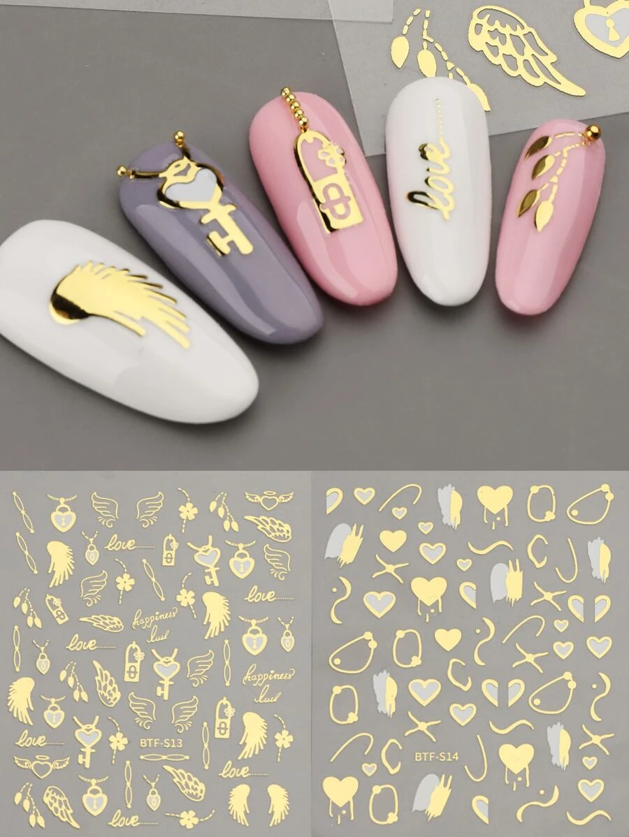 FULL BEAUTY 2sheets Bronzing Heart & Wing Pattern Nail Art Sticker - Gold - View 1