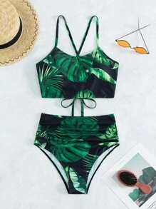 Conjunto de bikini con estampado tropical, espalda con cordones y drapeado de verano para la playa - Multicolor - Ver 3