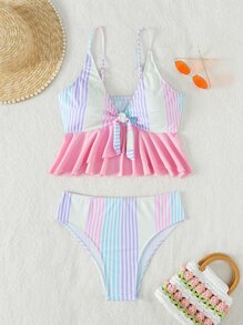条纹荷叶边下摆结饰前开襟比基尼夏季海滩装 - 彩色 - 查看 7
