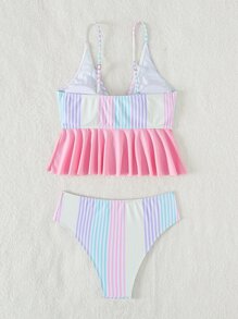 条纹荷叶边下摆结饰前开襟比基尼夏季海滩装 - 彩色 - 查看 5