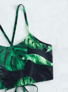 Conjunto de bikini con estampado tropical, espalda con cordones y drapeado de verano para la playa - Multicolor - Ver 4
