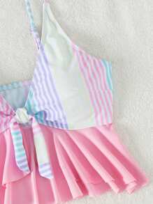条纹荷叶边下摆结饰前开襟比基尼夏季海滩装 - 彩色 - 查看 3