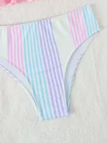 条纹荷叶边下摆结饰前开襟比基尼夏季海滩装 - 彩色 - 查看 4