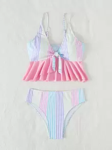 条纹荷叶边下摆结饰前开襟比基尼夏季海滩装 - 彩色 - 查看 6