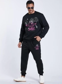 Manfinity 男士字母和宇航員印花套頭衫和腰部抽繩衛褲 - 黑色 - 查看 1