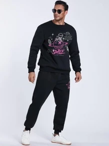Manfinity 男士字母和宇航員印花套頭衫和腰部抽繩衛褲 - 黑色 - 查看 5