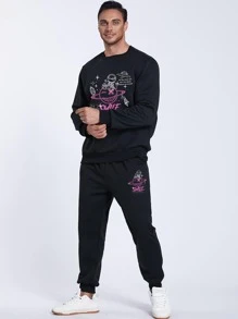 Manfinity 男士字母和宇航員印花套頭衫和腰部抽繩衛褲 - 黑色 - 查看 6