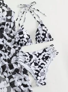 幾何圖形印花露背三角型夏季沙灘比基尼套裝，附贈罩衫 - 黑與白 - 查看 6