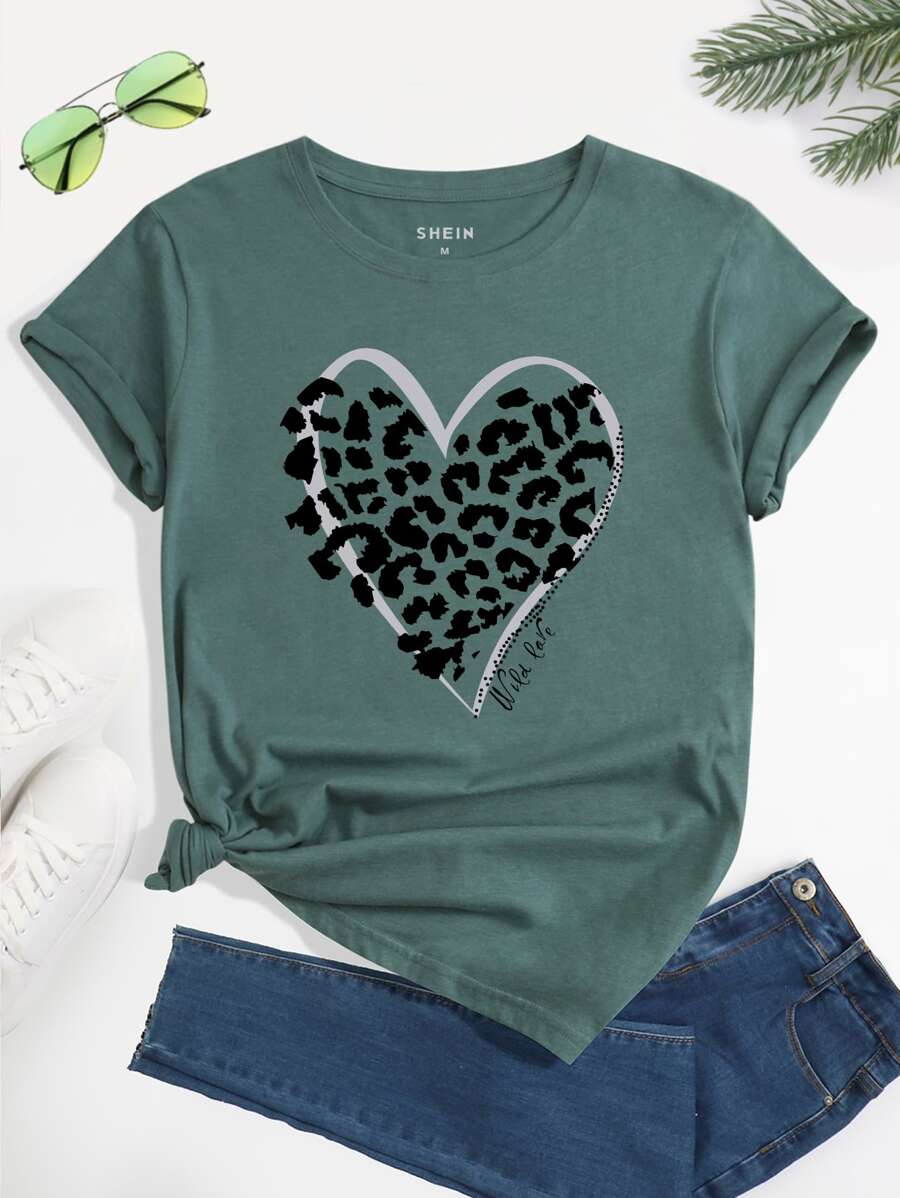 SHEIN LUNE 愛心和字母圖案T恤 - 墨綠色 - 查看 1