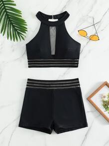 SHEIN Swim Summer Beach Mesh Panel Tankini Set Halter Tank Top & Shorts 2 Piece Bathing Suit - Black - View 6