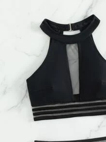 SHEIN Swim Summer Beach Mesh Panel Tankini Set Halter Tank Top & Shorts 2 Piece Bathing Suit - Black - View 3