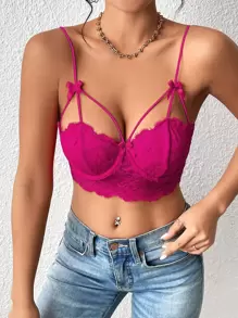 SHEIN Unity 前蝴蝶結睫毛蕾絲緊身吊帶 - 玫紅色 - 查看 1