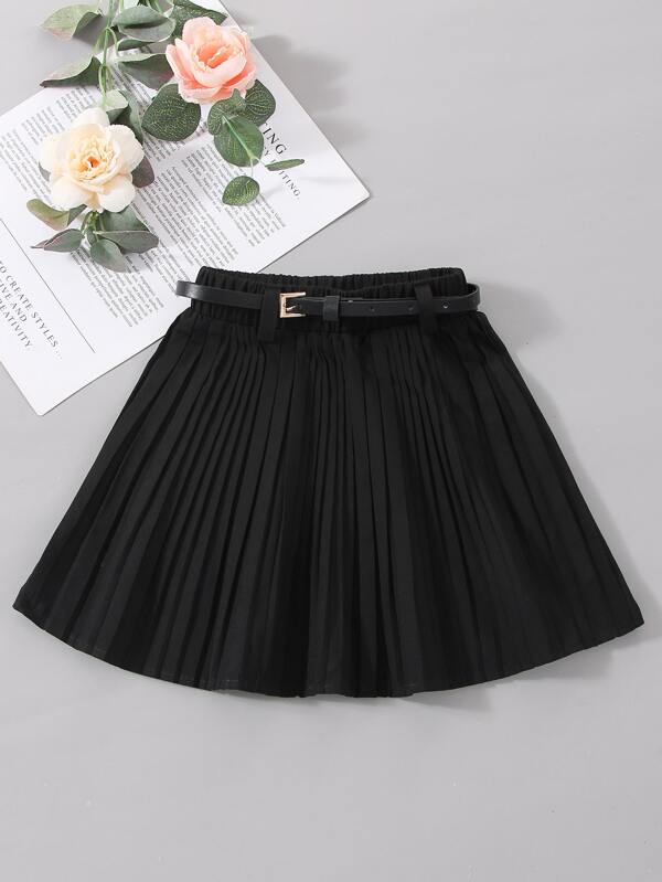 SHEIN Young Girl Fashionable And Elegant Pleated Skirt, Suitable For Casual Events, Parties, School, And Traveling. Can Be Worn In Spring, Summer, Autumn, And Winter. Versatile And Classic. Comes With A Black Faux Leather Adjustable Waist Belt.,Holiday,Summer,Travel
