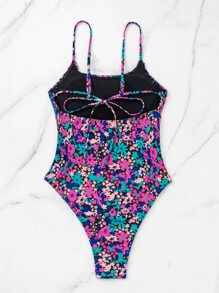 Traje de baño de una pieza con estampado floral de verano, busto fruncido y plisado - Multicolor - Ver 4