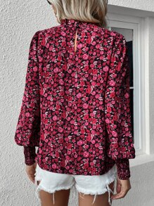 SHEIN LUNE Allover Floral Print Frill Neck Lantern Sleeve Blouse For New Year Clothes,Long Sleeve Tops Fall Cloth For Women - Red - View 2