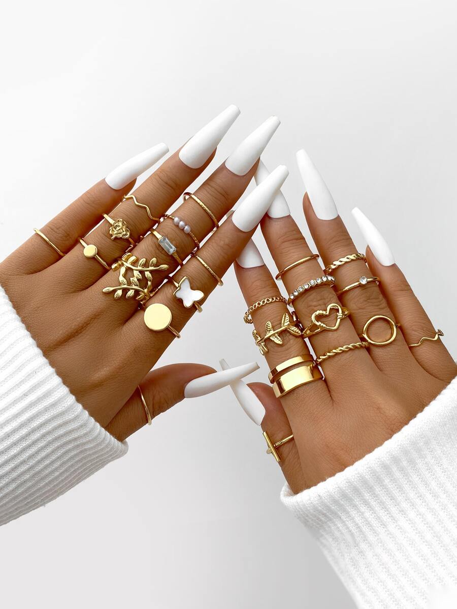 24pcs Butterfly & Rhinestone Decor Ring - Yellow Gold - View 1