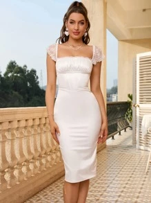 PARTHEA Contrast Lace Lace Up Back Satin Bodycon Dress - White - View 1