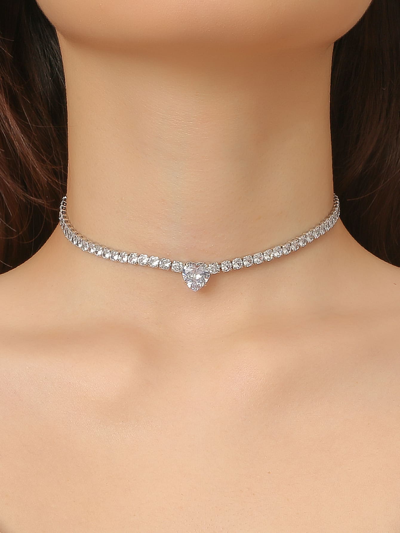 Cubic Zirconia Heart Decor Choker - Silver - View 1