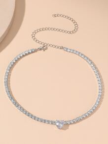 Cubic Zirconia Heart Decor Choker - Silver - View 2