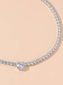 Cubic Zirconia Heart Decor Choker - Silver - View 3