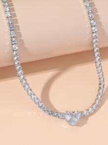 Cubic Zirconia Heart Decor Choker - Silver - View 4