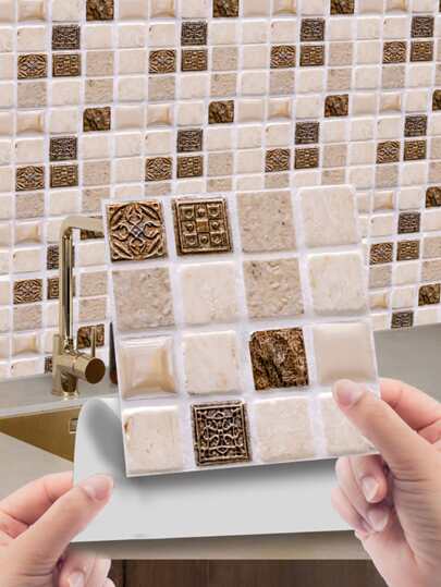 10pcs 3.94" PVC Self Adhesive Kitchen Sticker, Retro Mosaic Pattern Removable Wall Covering Kitchen