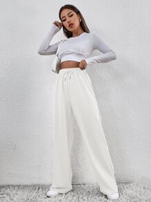 SHEIN Frenchy Solid Drawstring Waist Sweatpants - White - View 3