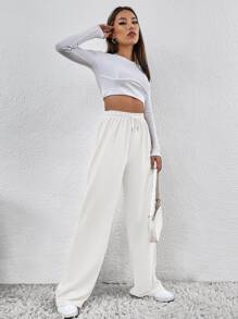 SHEIN Frenchy Solid Drawstring Waist Sweatpants - White - View 4