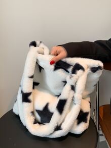 毛绒绒、柔软、毛绒、蓬松的星星图案蓬松单肩手提包，适合女孩、女士、大学生、新秀和白领人士，适用于工作、办公室、通勤、秋冬季、温暖冬季、户外书包、便携、轻便、大容量，适合青少年女孩女大学生，非常适合返校、开学第一天、大学、户外、旅行、郊游、购物 - 白色 - 查看 1