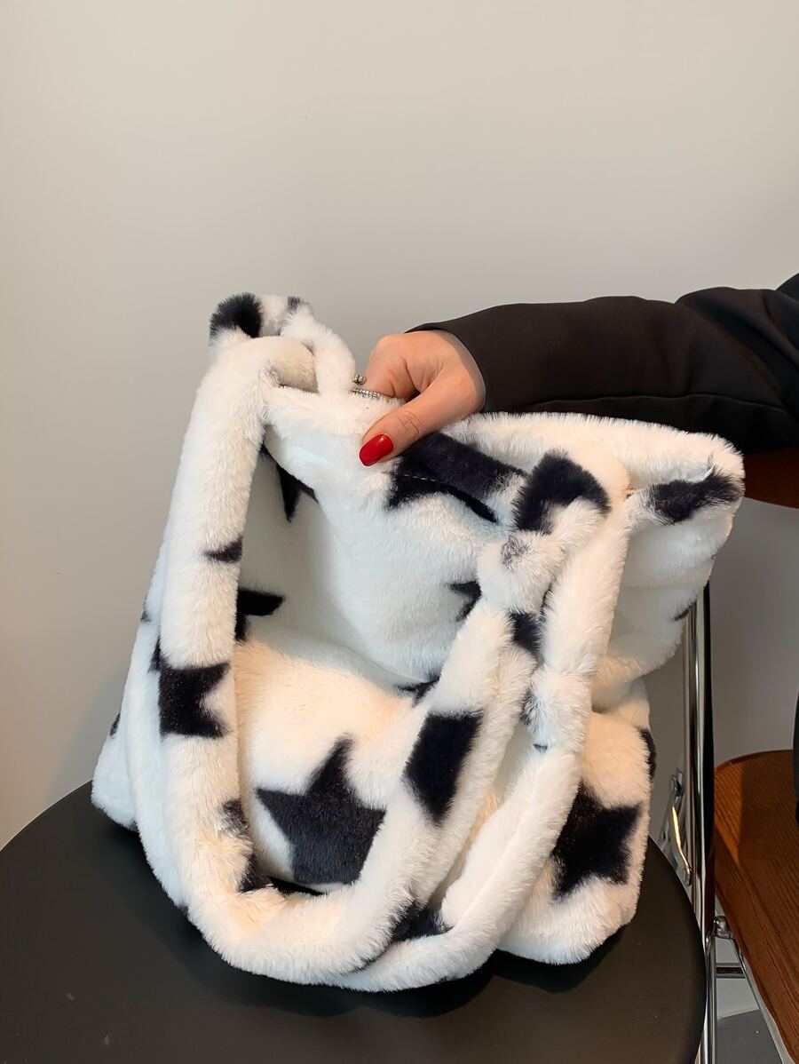 毛绒绒、柔软、毛绒、蓬松的星星图案蓬松单肩手提包，适合女孩、女士、大学生、新秀和白领人士，适用于工作、办公室、通勤、秋冬季、温暖冬季、户外书包、便携、轻便、大容量，适合青少年女孩女大学生，非常适合返校、开学第一天、大学、户外、旅行、郊游、购物 - 白色 - 查看 1