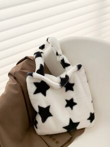 毛绒绒、柔软、毛绒、蓬松的星星图案蓬松单肩手提包，适合女孩、女士、大学生、新秀和白领人士，适用于工作、办公室、通勤、秋冬季、温暖冬季、户外书包、便携、轻便、大容量，适合青少年女孩女大学生，非常适合返校、开学第一天、大学、户外、旅行、郊游、购物 - 白色 - 查看 5