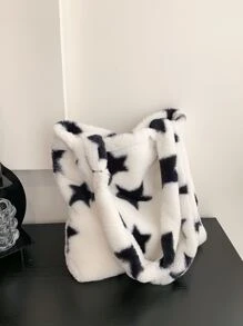 毛绒绒、柔软、毛绒、蓬松的星星图案蓬松单肩手提包，适合女孩、女士、大学生、新秀和白领人士，适用于工作、办公室、通勤、秋冬季、温暖冬季、户外书包、便携、轻便、大容量，适合青少年女孩女大学生，非常适合返校、开学第一天、大学、户外、旅行、郊游、购物 - 白色 - 查看 6