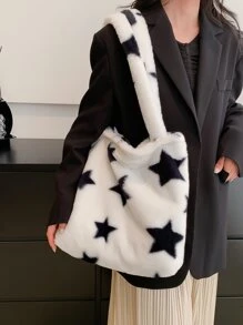 毛绒绒、柔软、毛绒、蓬松的星星图案蓬松单肩手提包，适合女孩、女士、大学生、新秀和白领人士，适用于工作、办公室、通勤、秋冬季、温暖冬季、户外书包、便携、轻便、大容量，适合青少年女孩女大学生，非常适合返校、开学第一天、大学、户外、旅行、郊游、购物 - 白色 - 查看 7