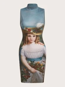 ROMWE PUNK Figure Graphic Mock Neck Bodycon Dress Without Arm Sleeves - Multicolor - View 1