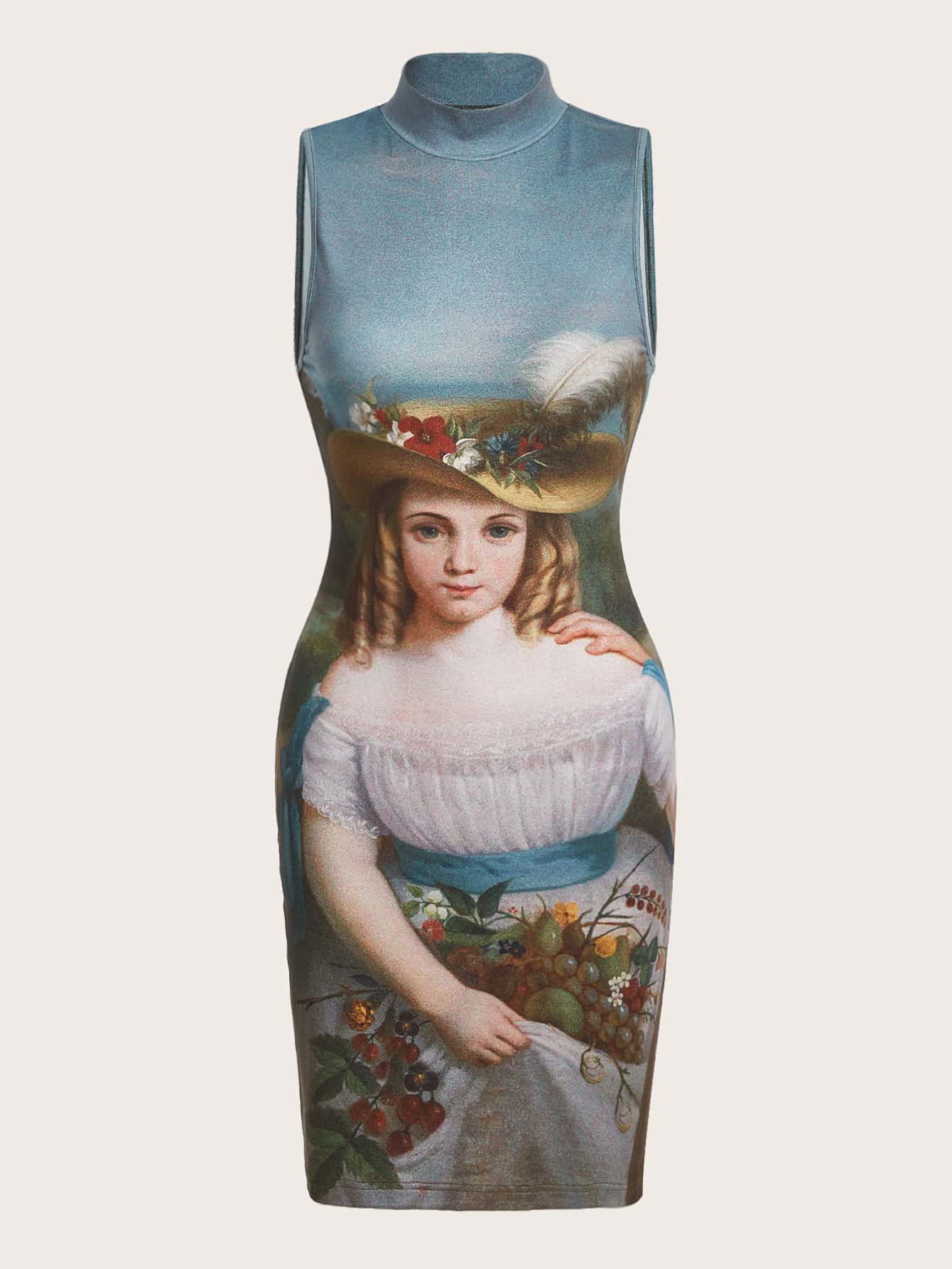 ROMWE PUNK Figure Graphic Mock Neck Bodycon Dress Without Arm Sleeves - Multicolor - View 1