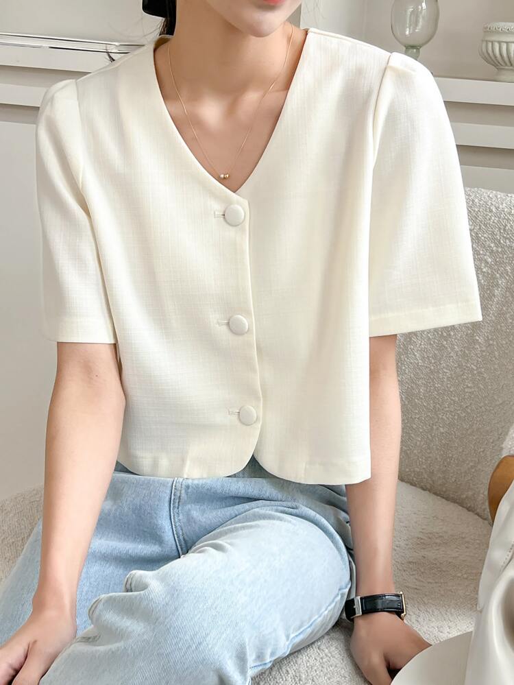 Solid Button Front Puff Sleeve Blouse,Crop Tops Women