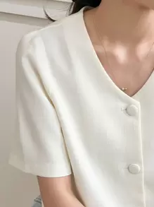 DAZY 纯色纽扣前泡泡袖女式衬衫、短款上衣 - 白色 - 查看 5