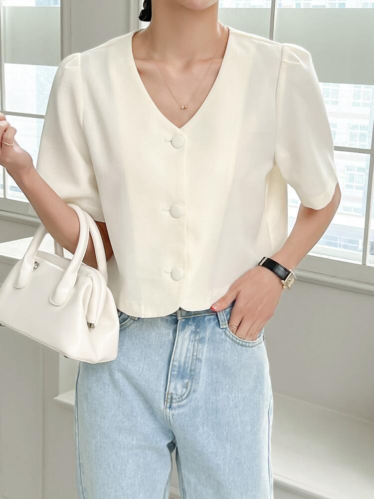 Solid Button Front Puff Sleeve Blouse,Crop Tops Women