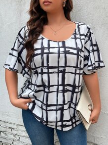 SHEIN LUNE Plus Plaid Print Butterfly Sleeve Blouse - White - View 3