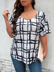 SHEIN LUNE Plus Plaid Print Butterfly Sleeve Blouse - White - View 4