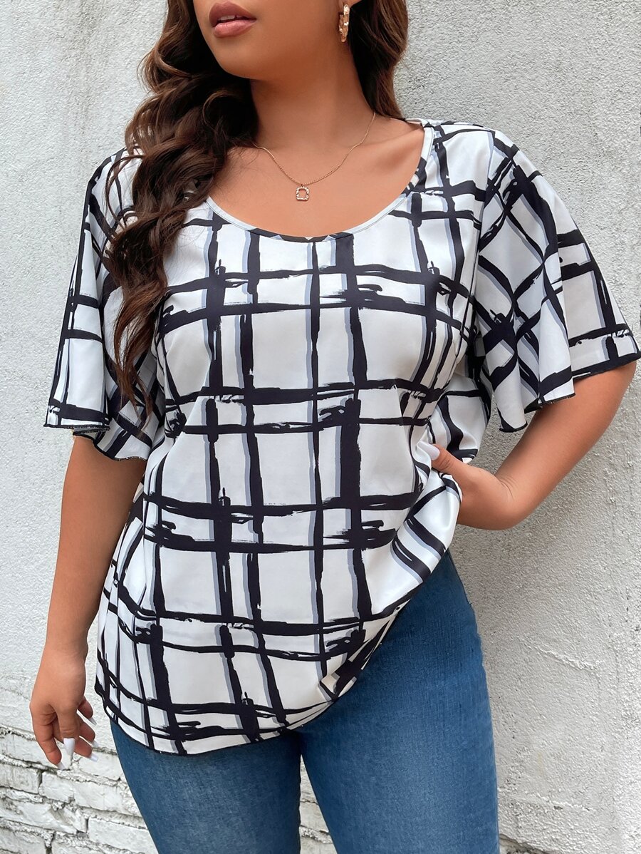 SHEIN LUNE Plus Plaid Print Butterfly Sleeve Blouse - White - View 1