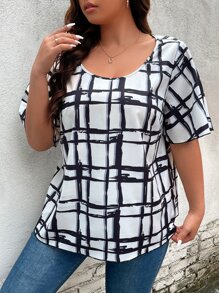 SHEIN LUNE Plus Plaid Print Butterfly Sleeve Blouse - White - View 5