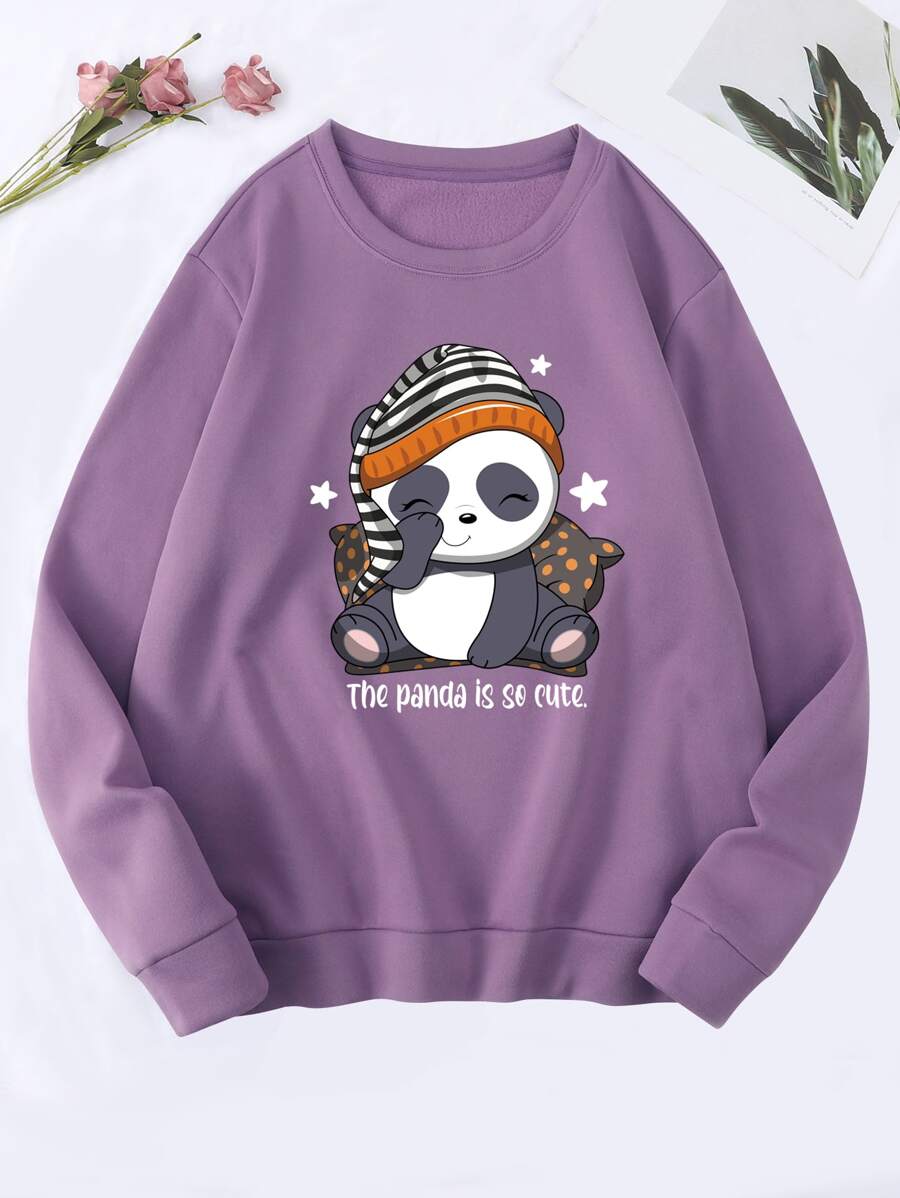 SHEIN EZwear Slogan & Panda Print Thermal Lined Pullover - Mauve Purple - View 1