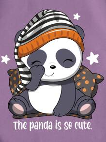 SHEIN EZwear Slogan & Panda Print Thermal Lined Pullover - Mauve Purple - View 6