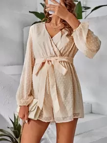 SHEIN Maternity Swiss Dot Lantern Sleeve Belted Romper - Apricot - View 1