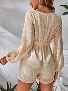 SHEIN Maternity Swiss Dot Lantern Sleeve Belted Romper - Apricot - View 2