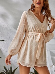 SHEIN Maternity Swiss Dot Lantern Sleeve Belted Romper - Apricot - View 5