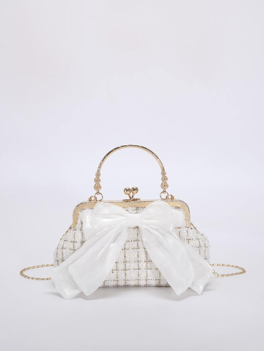 女孩格紋圖案蝴蝶結裝飾吻鎖金屬鏈手提包 - 白色 - 查看 1